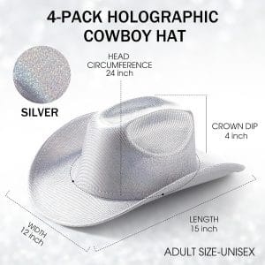 4 Pcs Sparkle Sequin Space Holographic Cowboy Hat for Womens Glitter Western Cowgirl Hat for Disco Party