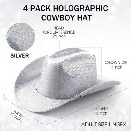 4 Pcs Sparkle Sequin Space Holographic Cowboy Hat for Womens Glitter Western Cowgirl Hat for Disco Party