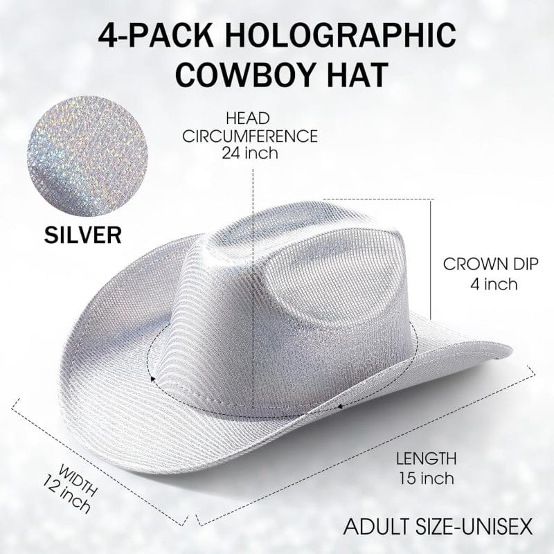 4 Pcs Sparkle Sequin Space Holographic Cowboy Hat for Womens Glitter Western Cowgirl Hat for Disco Party