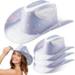 4 Pcs Sparkle Sequin Space Holographic Cowboy Hat for Womens Glitter Western Cowgirl Hat for Disco Party