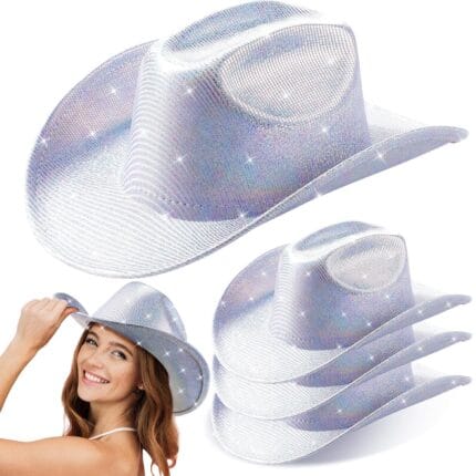 4 Pcs Sparkle Sequin Space Holographic Cowboy Hat for Womens Glitter Western Cowgirl Hat for Disco Party