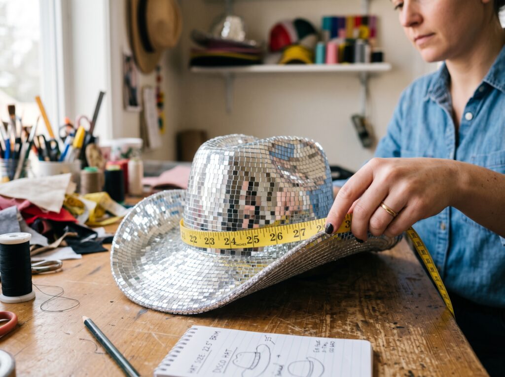 Person measuring disco cowboy hat size