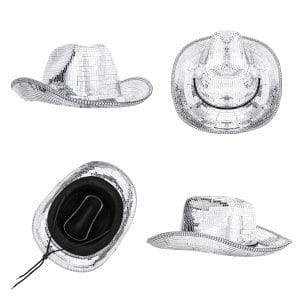 Disco Ball Western Cowboy Hat - Women Men Silver Mirrored Sparkly Cowgirl Hat for Cosplay Party Size:Large Heavy
