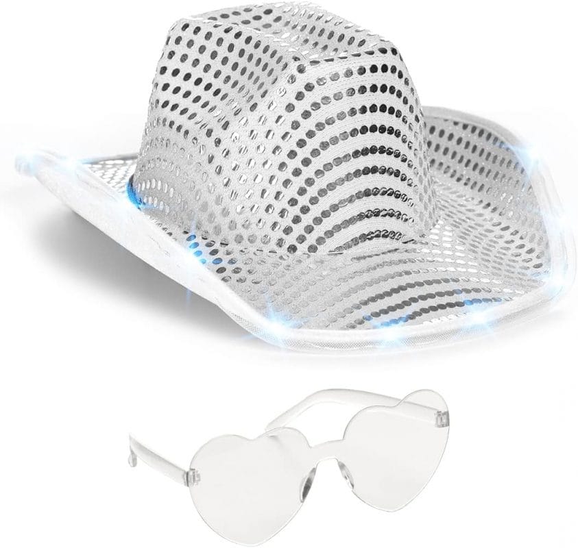 Funcredible Light Up Cowboy Hat and Glasses - Sparkly Disco Cowgirl Hat - Sequin Cowboy Hat for Women - Cowgirl Costumes