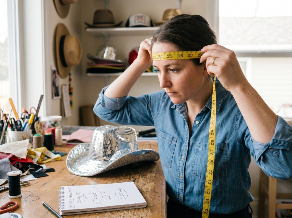 Person measuring head size for a disco cowboy hat