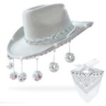 Pink Disco Cowgirl Hat with Bandana,Glitter Rhinestone Disco Ball Cowboy Hat for Women Men Costume Cosplay