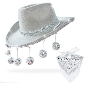 Pink Disco Cowgirl Hat with Bandana,Glitter Rhinestone Disco Ball Cowboy Hat for Women Men Costume Cosplay