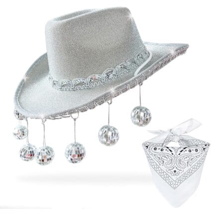 Pink Disco Cowgirl Hat with Bandana,Glitter Rhinestone Disco Ball Cowboy Hat for Women Men Costume Cosplay