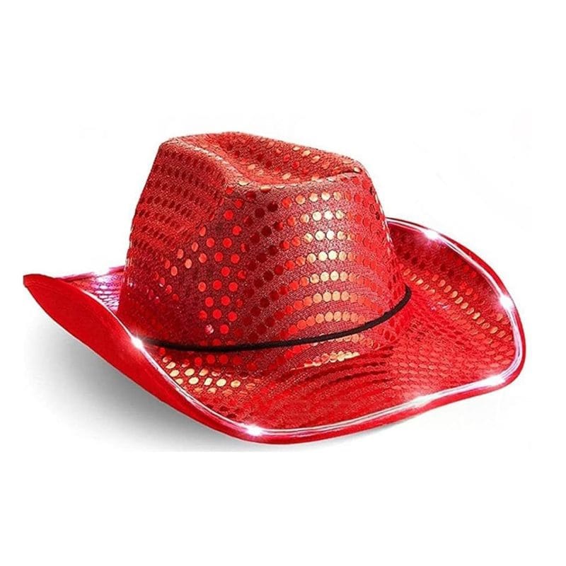 red Shiny Sequin Light Up Cowboy Hat Flashing Western Cowgirl Hat Vintage Dance Ball Disco Jazz Hats Party Costume for Men Women