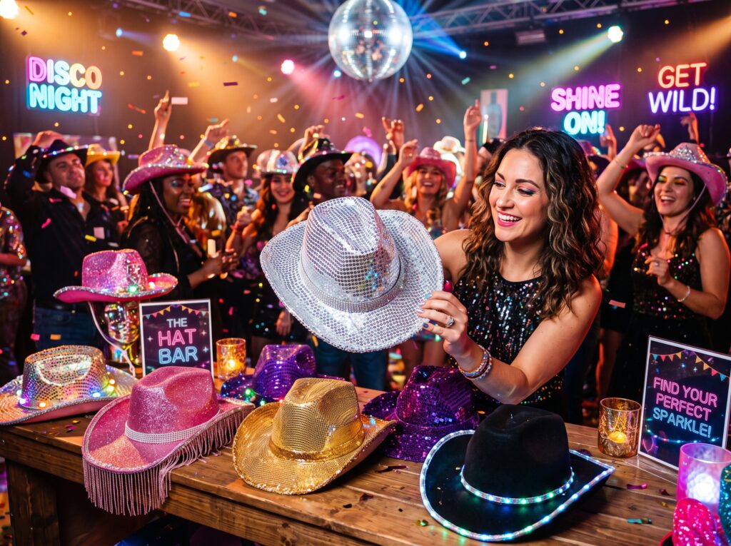 Woman wearing a sparkling disco cowboy hat at a party