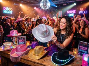 Woman wearing a sparkling disco cowboy hat at a party